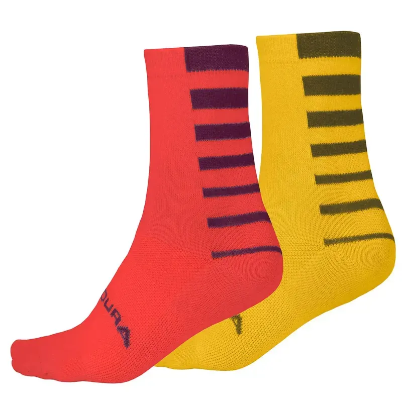 Endura Coolmax Twin Pack Stripe Socks in Pomegranate/Yellow