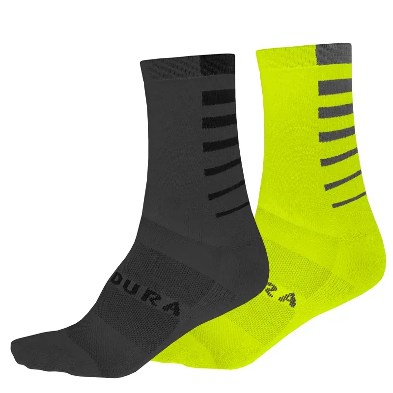 Endura Coolmax Twin Pack Stripe Socks in Hi-Viz Yellow/Black