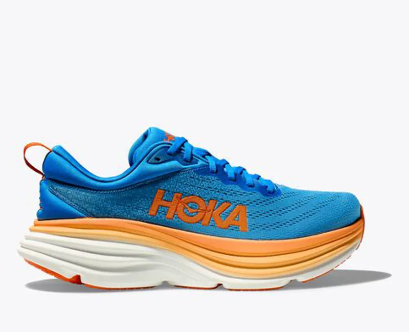 Hoka Men's Bondi 8 Road Running Shoes in Coastal Sky / Vibrant Orange 