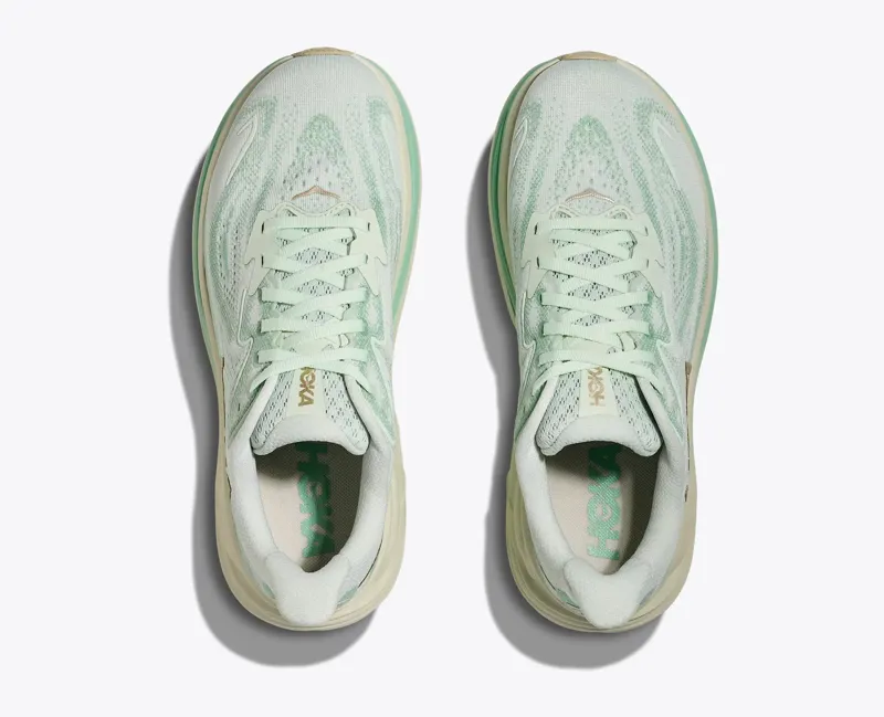 Hoka Women's Clifton 10 Running Shoes in Sea Glass / Neon Flame -4