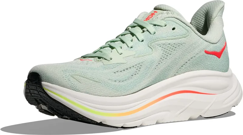 Hoka Women's Clifton 10 Running Shoes in Sea Glass / Neon Flame -3