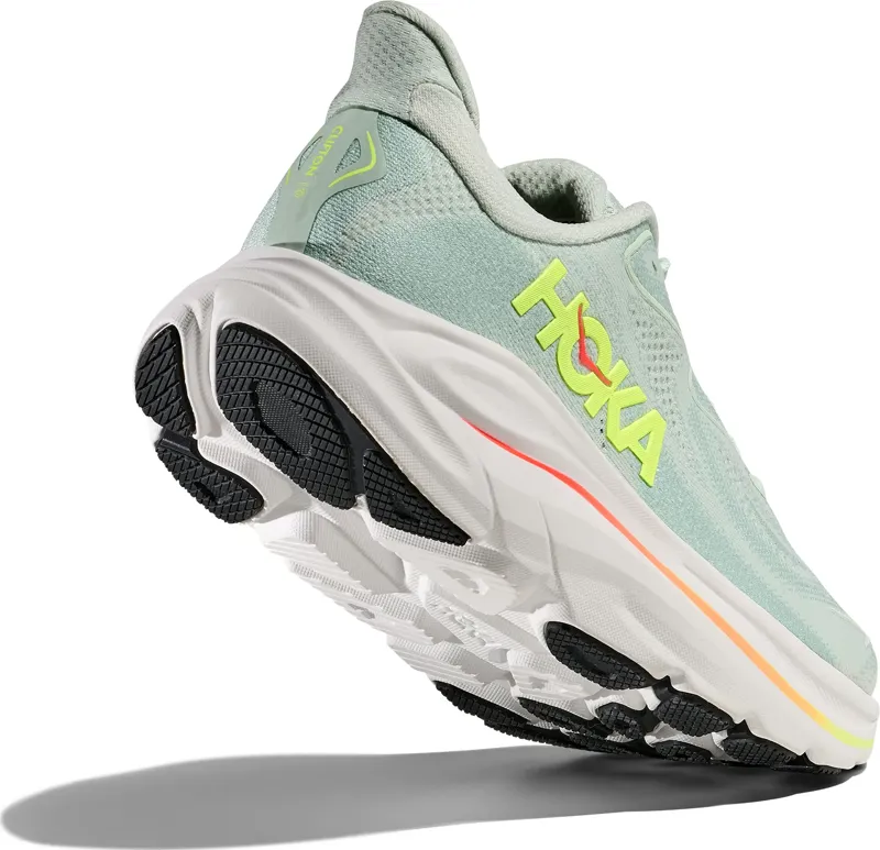 Hoka Women's Clifton 10 Running Shoes in Sea Glass / Neon Flame -2