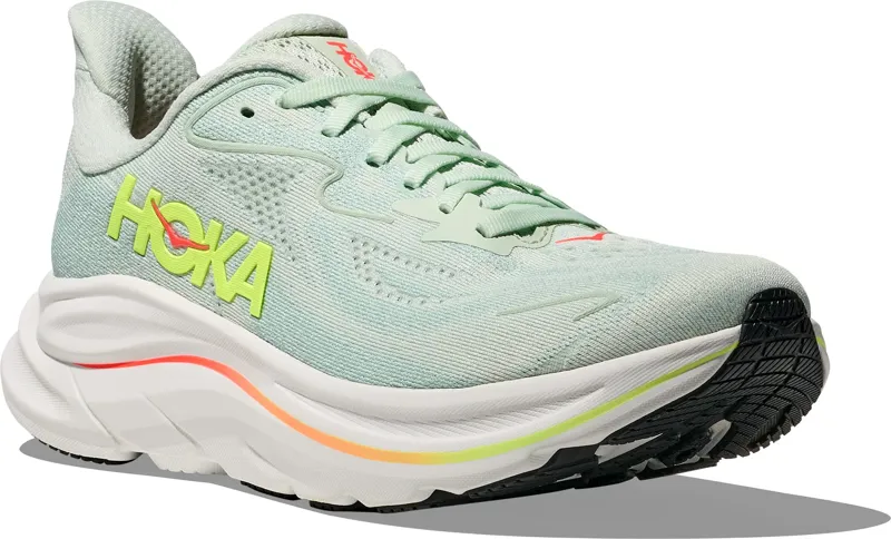 Hoka Women's Clifton 10 Running Shoes in Sea Glass / Neon Flame -5