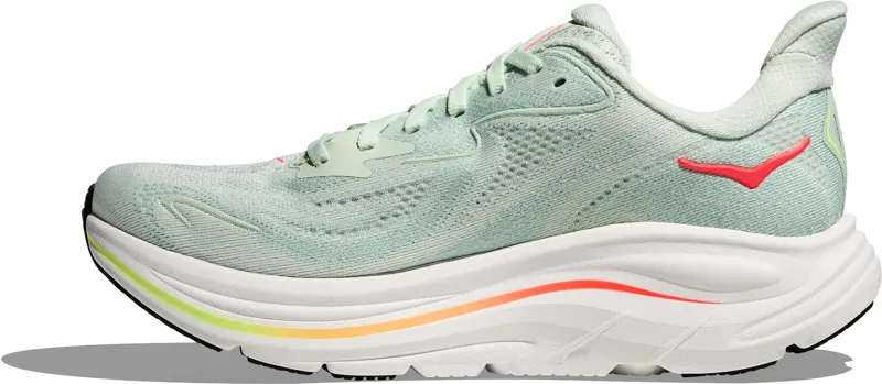 Hoka Women's Clifton 10 Running Shoes in Sea Glass / Neon Flame -1