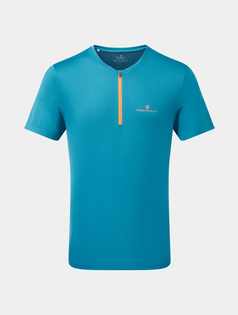Ron Hill  Men's Tech 1/2 Zip Running T-Shirt in Petrol/Fluo Orange