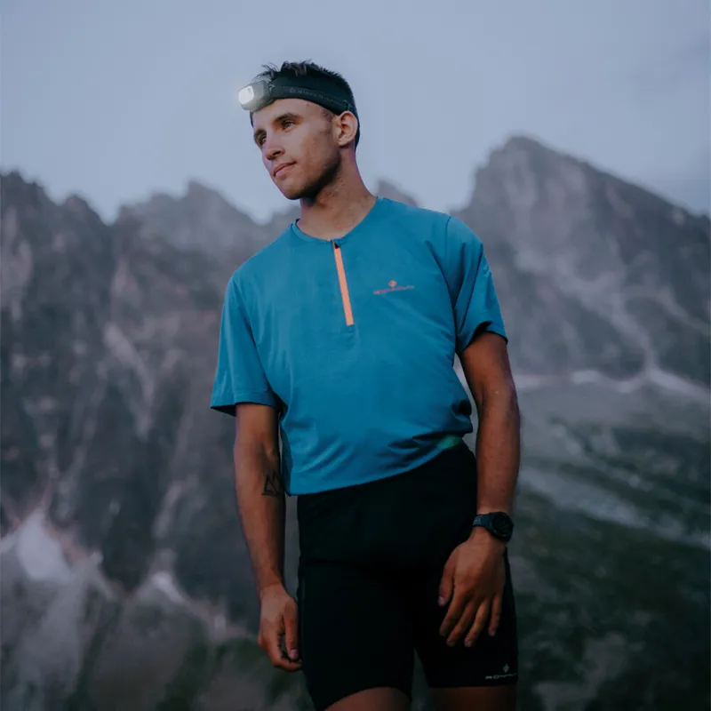 Ron Hill  Men's Tech 1/2 Zip Running T-Shirt in Petrol/Fluo Orange-2