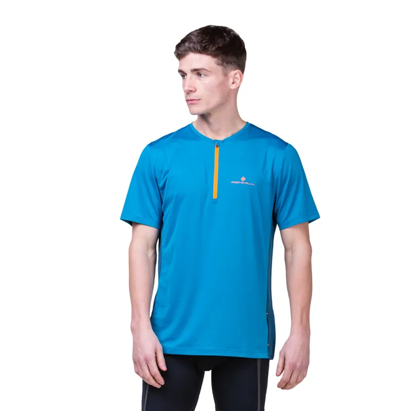 Ron Hill  Men's Tech 1/2 Zip Running T-Shirt in Petrol/Fluo Orange-5